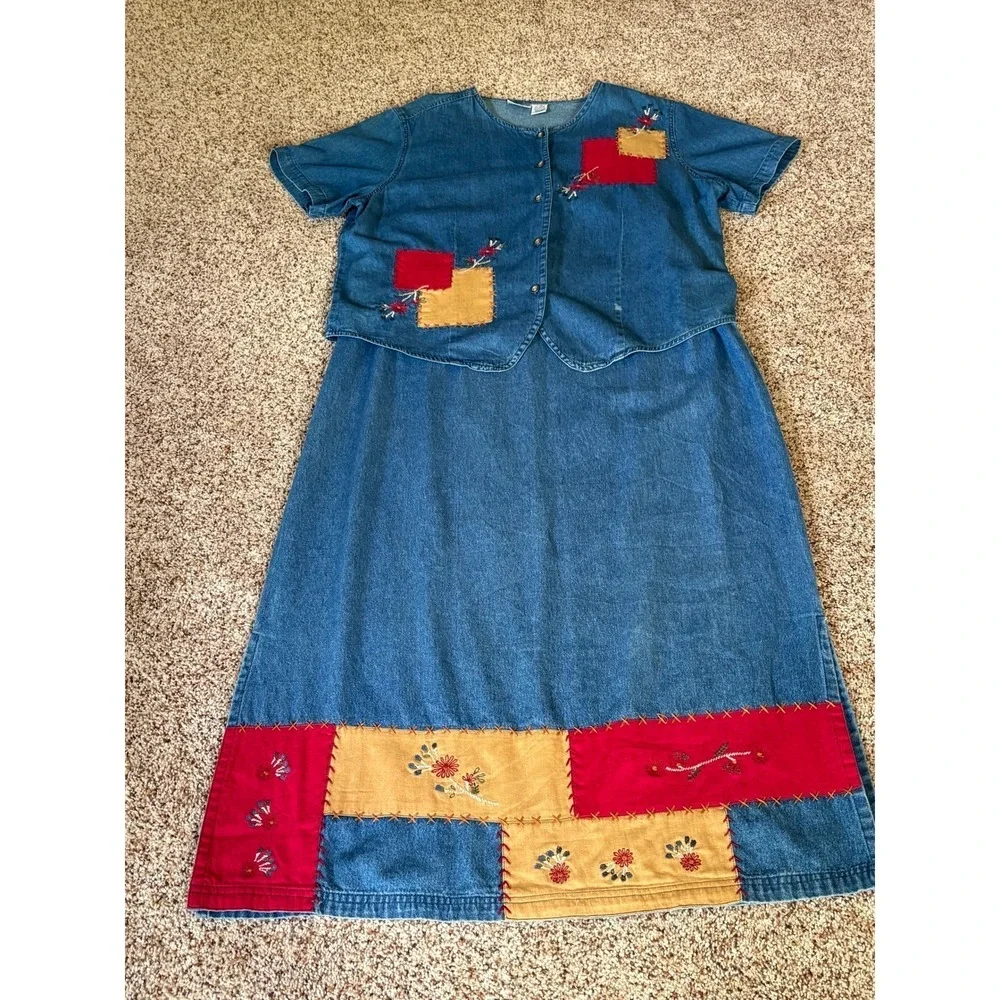 Sun River Women Jumper Dress Jacket Set PL PXL Blue Denim‎ Patchwork Floral Maxi